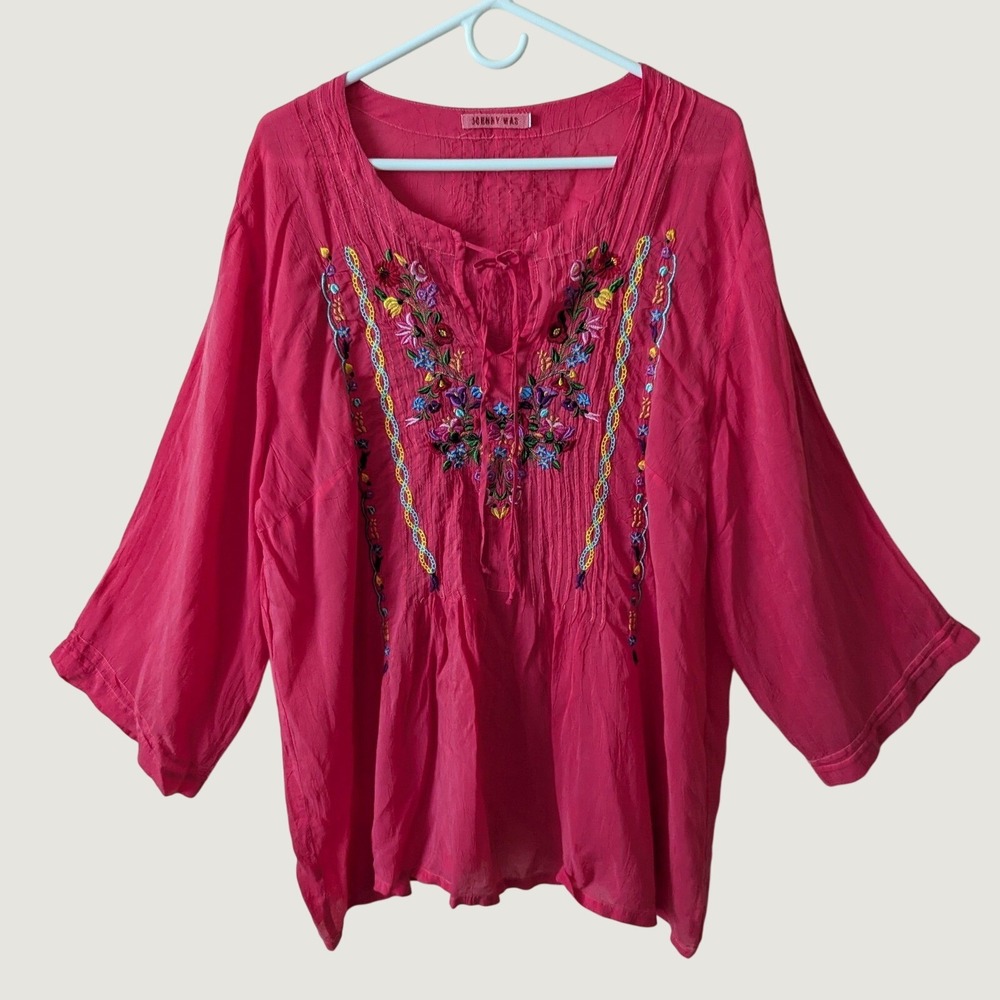 Johnny Was Embroidered Peasant Blouse Womens 1X Pink Boho Floral Cupra Rayon Top